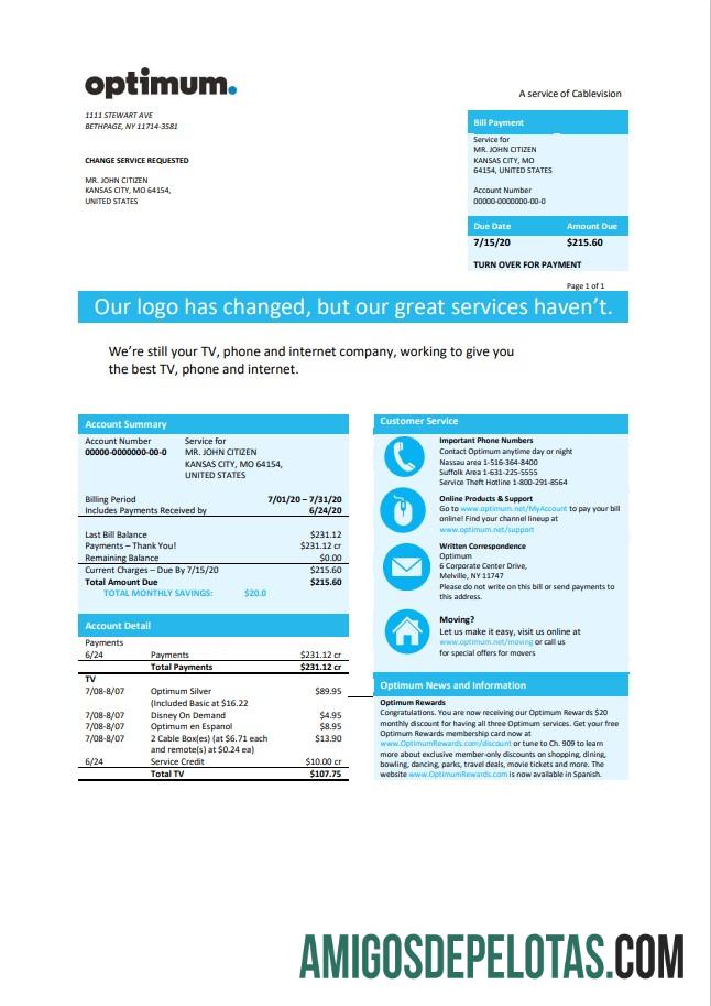 realista Modelo de projeto de lei da Cablevision ideal para EUA e Nova York em formato Word e PDF